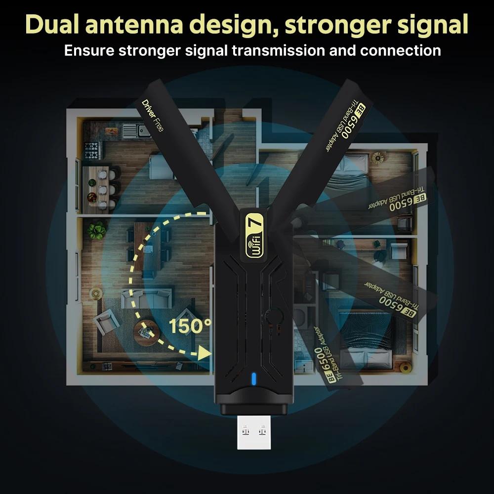 BE6500 WiFi7 USB3.0 Wireless Dongle 6500Mbps Tri Band 2.4G 5G 6GHz 802.11BE High Speed Network Adapter for Windows 10 11 Desktop Laptop PC