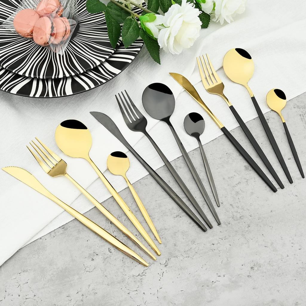 24pcs Black Gold Cutlery Set Mirror Stainless Steel Dinnerware Set Knife Fork Spoon Tableware Flatware Set Dishwasher Safe Kitchen Wedding Accessories
