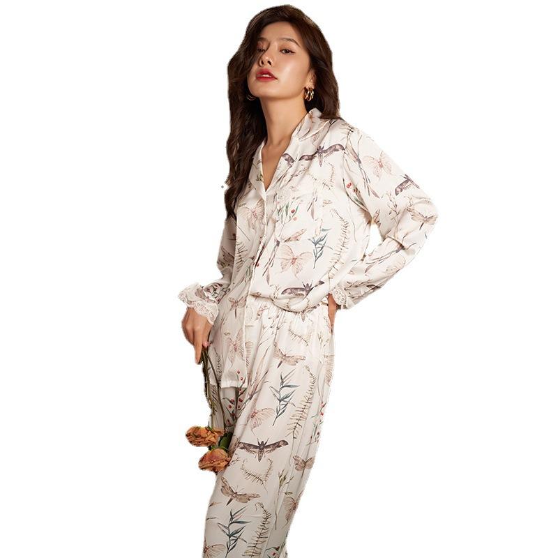 Ice silk pajamas women's spring and summer long-sleeved suit, a sexy lace lace simulation silk large-size loungewear