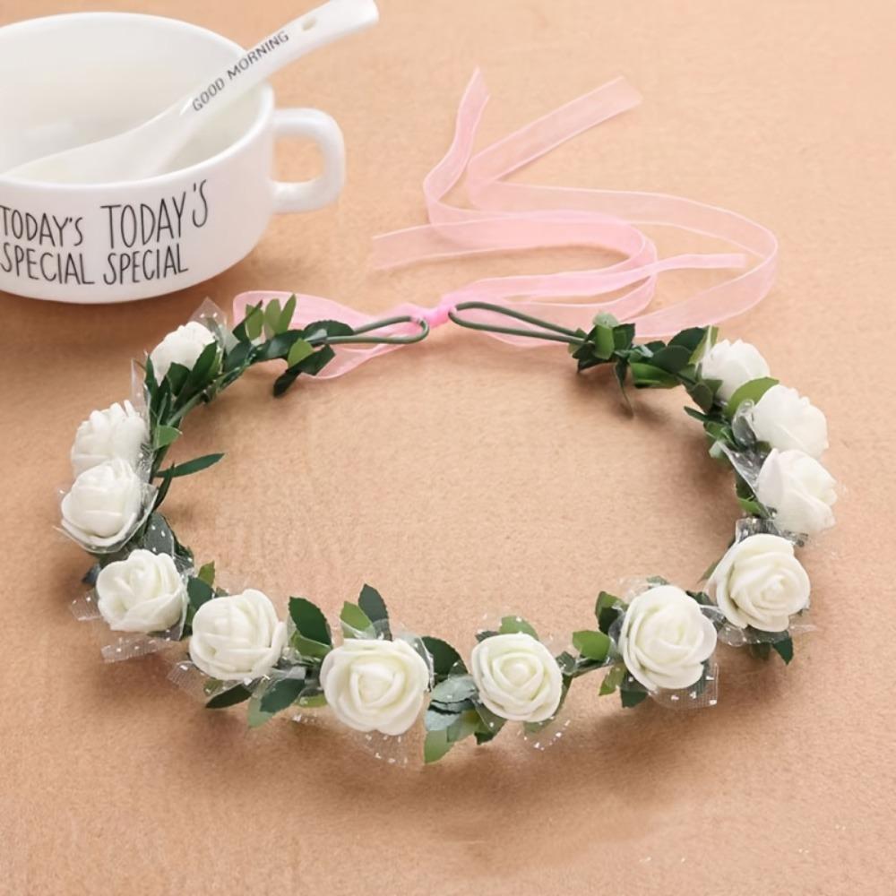 Rose Flower Crown with Long Sheer Ribbon Artificial Floral Leaf Headband Romantic Floral Wreath Wedding Bridesmaid Garden Party