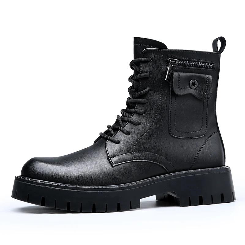 High Quality Men Autumn Winter Short Boots 2025 New Fashion Zip Side Pocket Design Leather Anti-slip Lace-up Man Platform Shoes