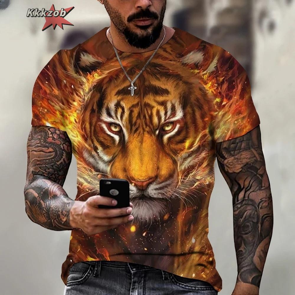 Fierce Tiger Animal Pattern Men's T-Shirts Short Sleeve 3D Animal Printed Trend Street Tee Oversized T Shirt Men Clothing Tops