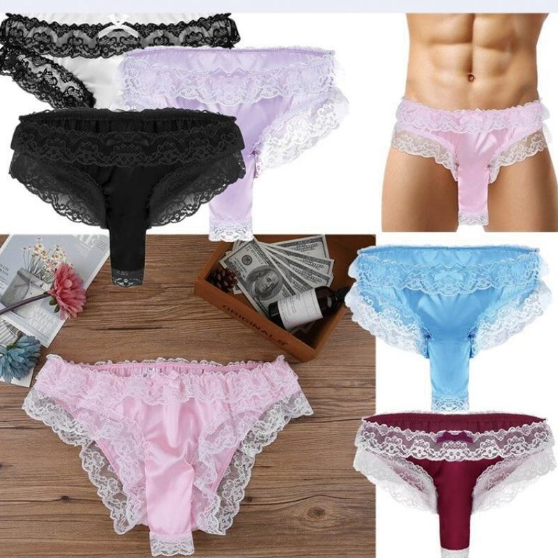 Mens Satin Panties Frilly Lace Trim Sissy Panties Sexy Open Elephant Nose Lingerie Crossdressers Underwear Maid Cosplay Briefs