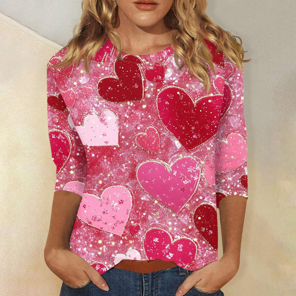 Women's Fashion Casual Round Neck Valentine's Day Love Heart Printed Three-quarter Sleeve T-shirt Top