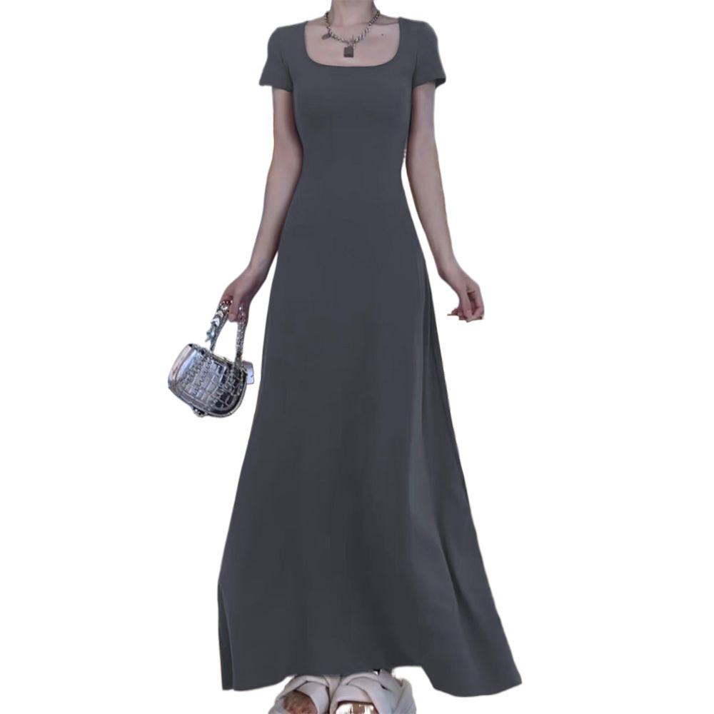 Elegant Slimming French Waist Short Sleeve Maxi Dress for Women 2026