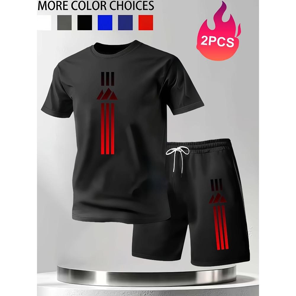 Men's Red Striped Triangle Print Breathable Set  Short Sleeve Shorts Set Summer Casual Sportswear