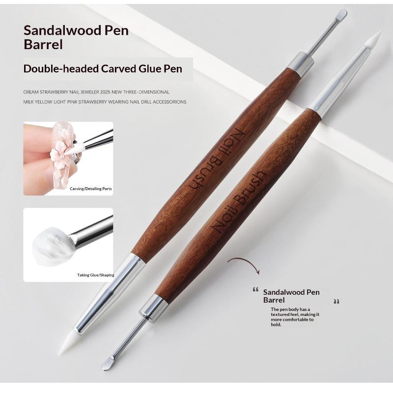 Dual Head Nail Art Flower Painting Brush Silicone Carving Pen Wooden Grip for Manicure Salon Home