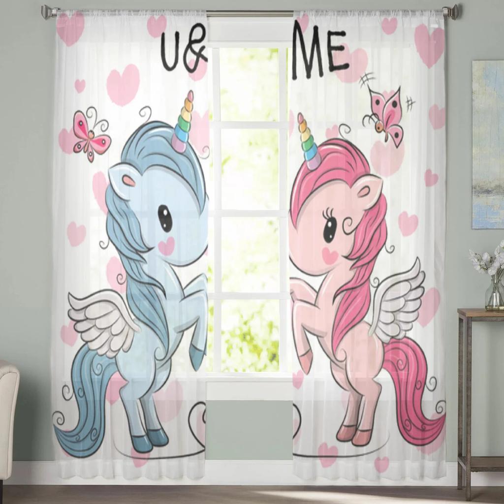 Animal Cartoon Unicorn Sheer Curtains for Living Room Bedroom Tulle Curtains Kitchen Window Treatments Panel Drapes