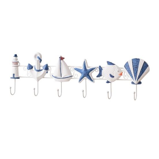 Beach Wooden Wall Hook Summer Ocean Theme Towel Rack with 6 Hooks for Bathroom Bedroom Kitchen Decorative Organizer for Coats Aprons Hats A