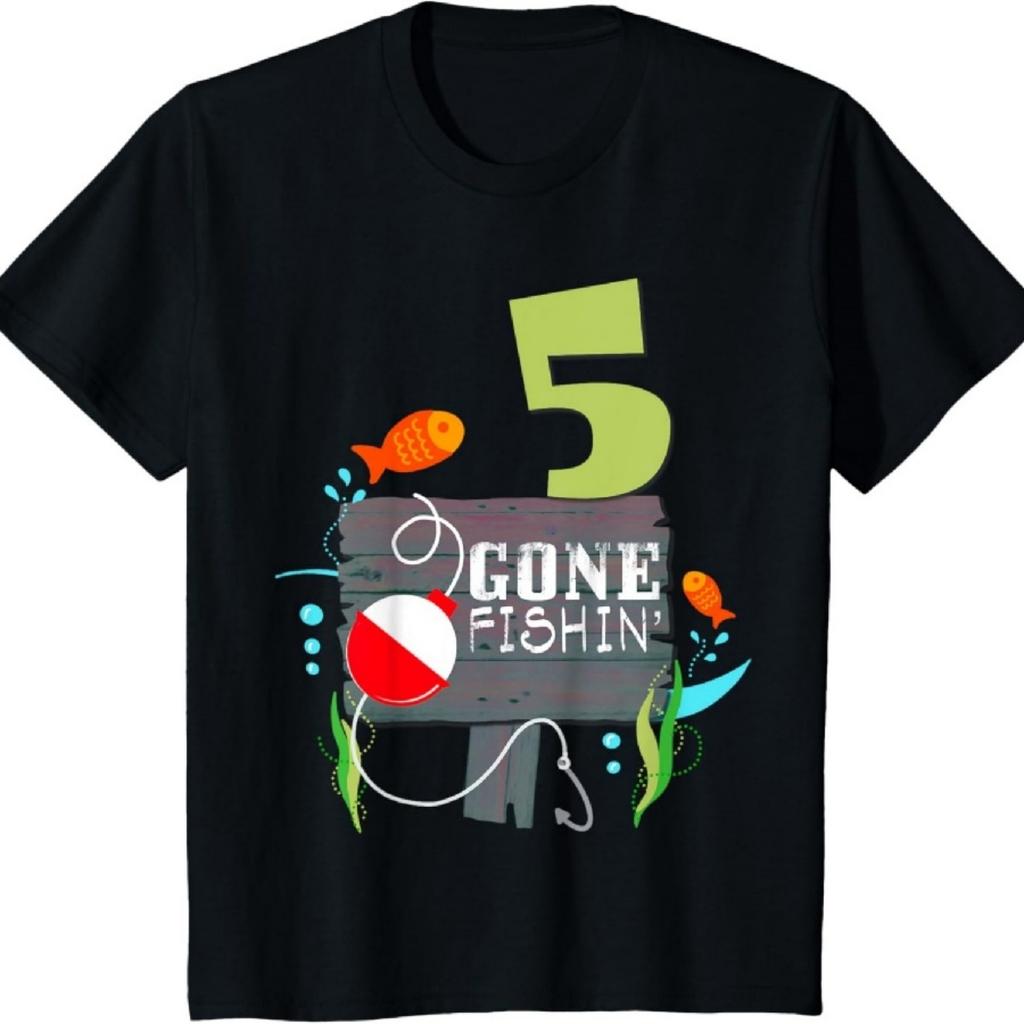 Kids 5th Birthday Fisherman Shirt Gone Fishin' Gift for Boy Girl T-Shirt