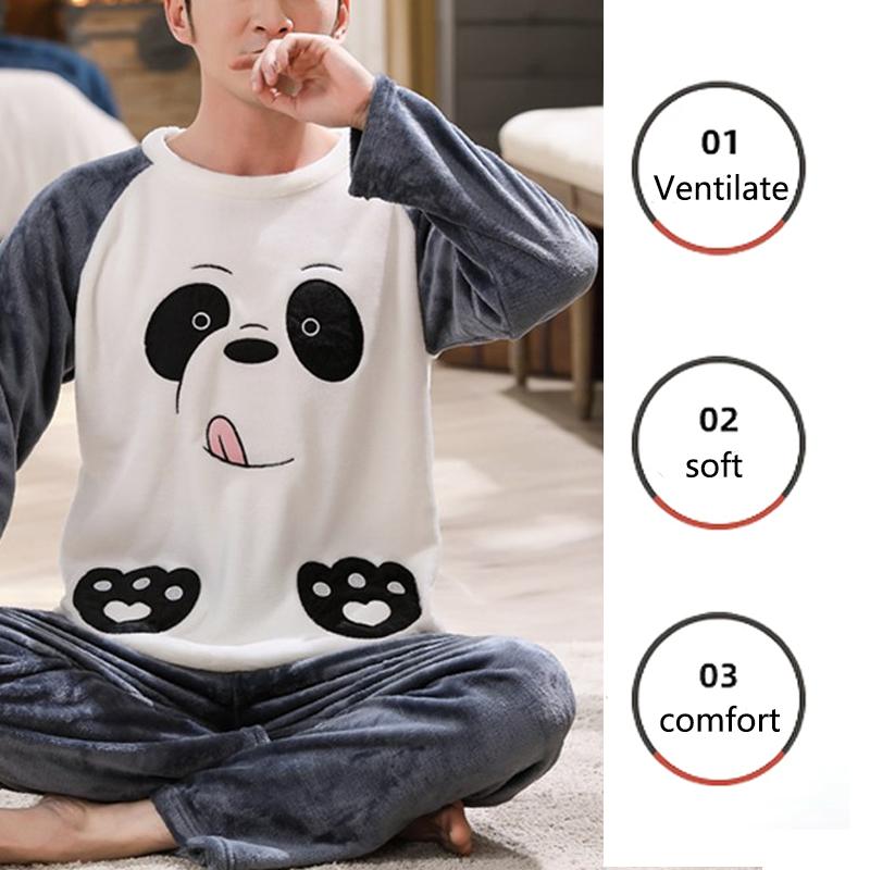 2pcs/Set Fall and Winter Facecloth Men's Pajamas Padded Thickened Warm Long-Sleeved Teenagers Coral Fleece Homewear Boy Clothes