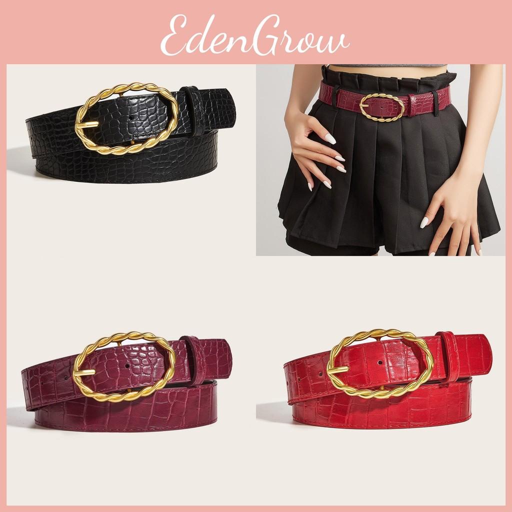 Womens Grain Stone Pu Leather Belt With Twists Oval Metal Buckle For Everyday
