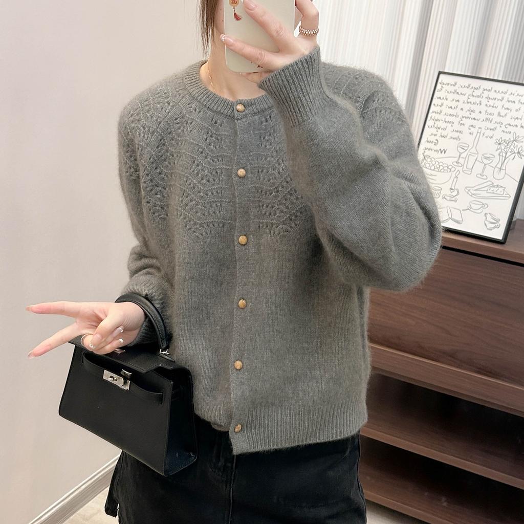 Women's Spring/Autumn Fan-Shaped Hollow Solid Color Long-Sleeve Knit Cardigan with Crew Neck, Loose Korean-Style and Temperament