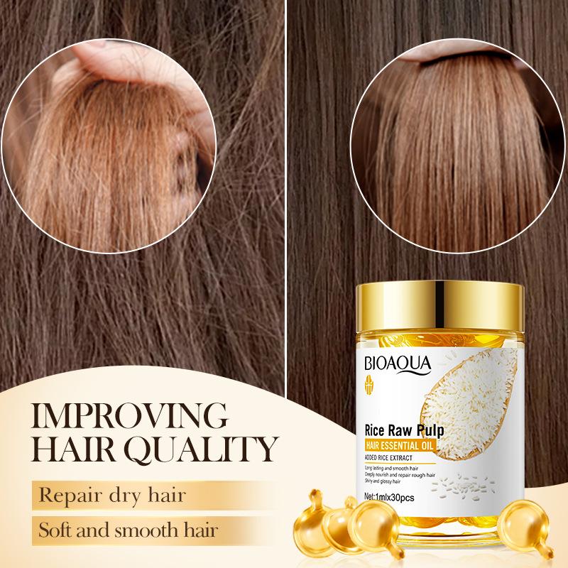 Rice Raw Pulp Hair Treatment Oil Capsules, Hair Care with Moisturizing Glycerin,Normal Hair Type Nourishment, Soft Smooth Shiny Nourish Hair Root Care