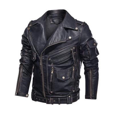 Jaqueta de Couro Biker com Zíper Multibolsos Estéreo 3D, Estilo Vintage 2021, Tamanho Europeu