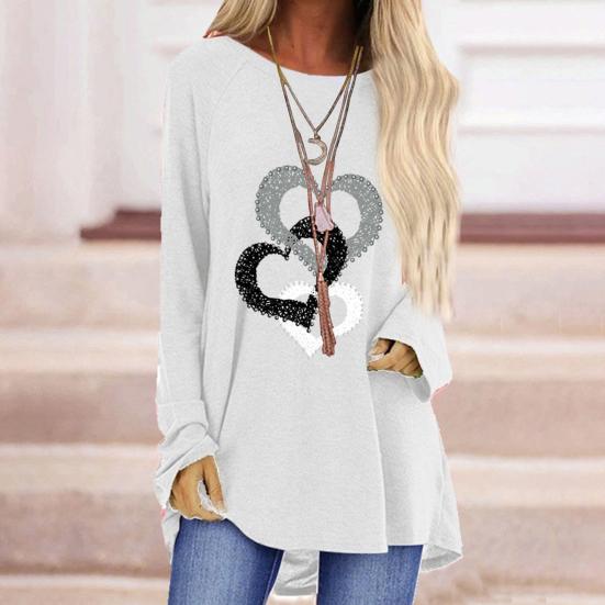 

Женская весенне-осенняя футболка с узором в виде сердца, декор со стразами, длинный рукав, свободный средней длины, круглый вырез, мягкий дышащий пуловер, женский топ