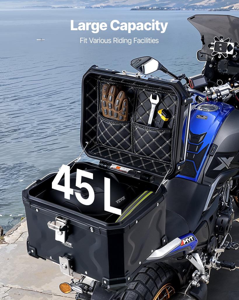 VEVOR Motorcycle Top Case, Universal Aluminum Alloy Motorbike Tail Box with Leather Lining