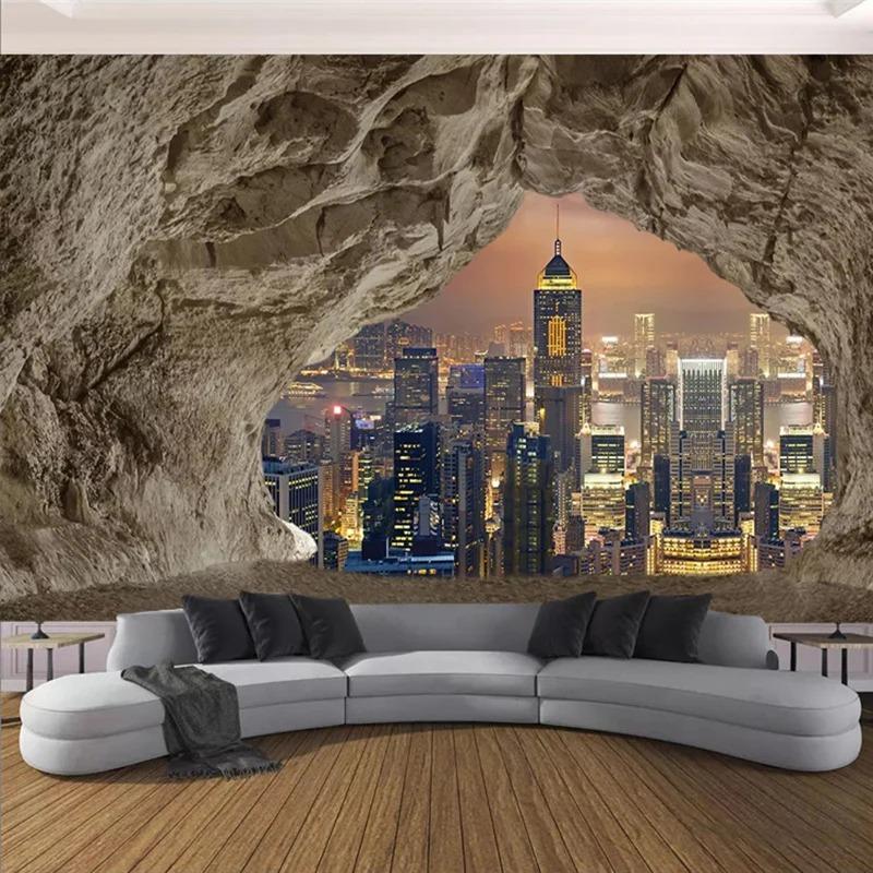 3d Creative Cave Stone Wall Mural City Night View Wallpaper Living Room Bedroom Tv Background Wall Paper Home Decor