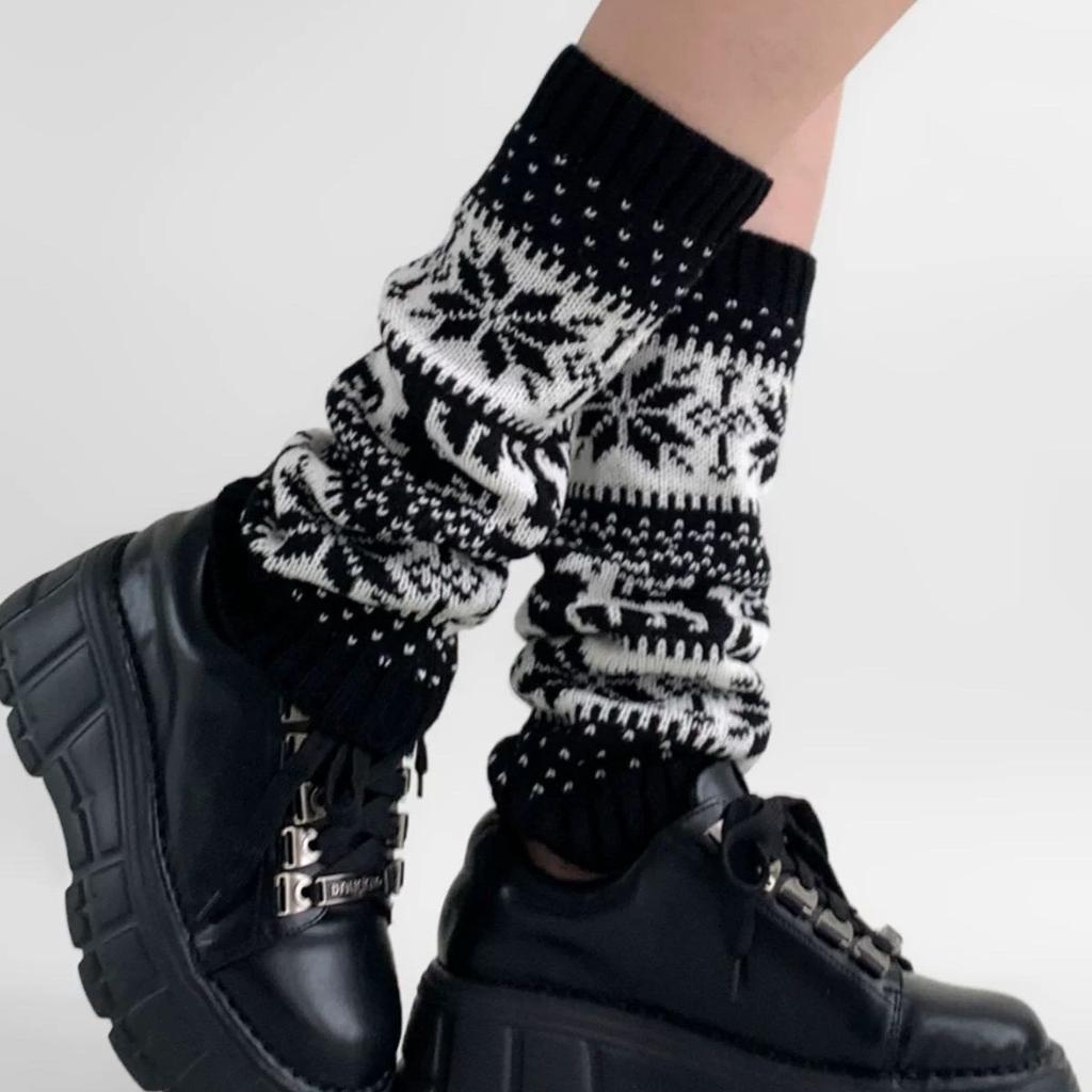Snowflake Retro Japanese Style Hot Girl Autumn Winter Warm Christmas Knitted Slouch Leg Warmers Fair Isle Leg Warmers