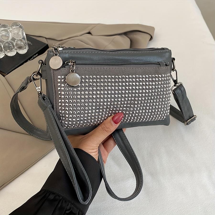 Rhinestone-Studded Shoulder Bags for Women Zip Closure Trendy Small Square Ladies Clutch Bag Small Crossbody Bags for Women