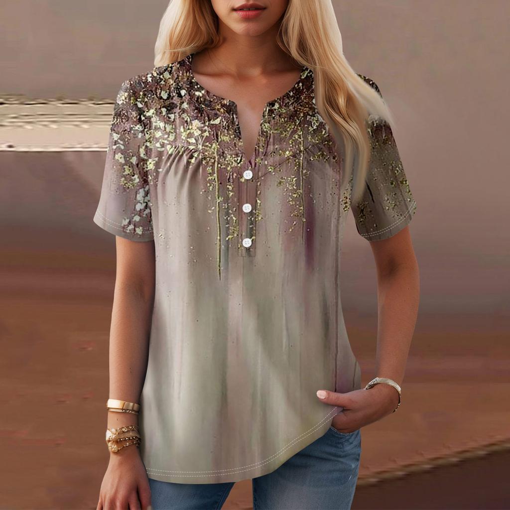 Women's Casual Floral Print V-Neck Short Sleeve Decorative Button T-Shirt Top