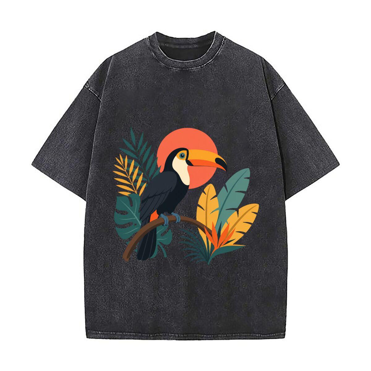 Tropical Toucan Sunset Jungle Graphi Daily Commute Vintage Distressed T Shirt Loose Washed Sleeve M