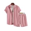 Men Wrinkle Textured 2 Piece Set Short Sleeve Button Shirt & Drawstring Shorts Summer Beach Casual Matching Outfit
