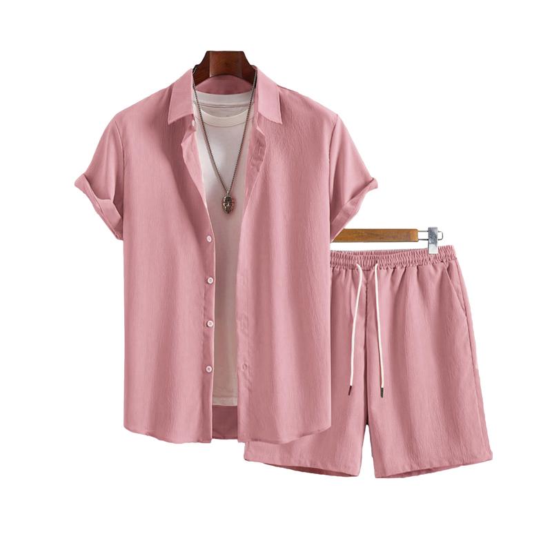 Men Wrinkle Textured 2 Piece Set Short Sleeve Button Shirt & Drawstring Shorts Summer Beach Casual Matching Outfit