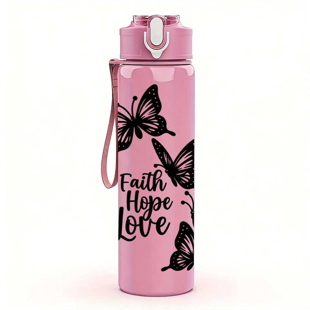 1PC Faith Hope Love Butterfly Art 750ml Color Plastic Sports Water Bottle Leakproof Flip Straw Lid Suitable for Sports Office Home Use