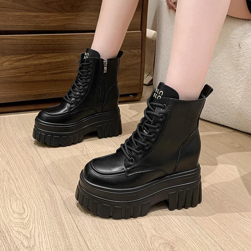 High Platform Ankle Boots Women Lace-up Combat Motorcycle Boots Classic Punk Leather Shoes Woman Thick Soles Warm Fur Snow Boots