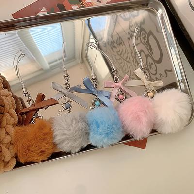 Corrente de celular de bola de pelo da moda com laço, chaveiro com pingente fofo e doce