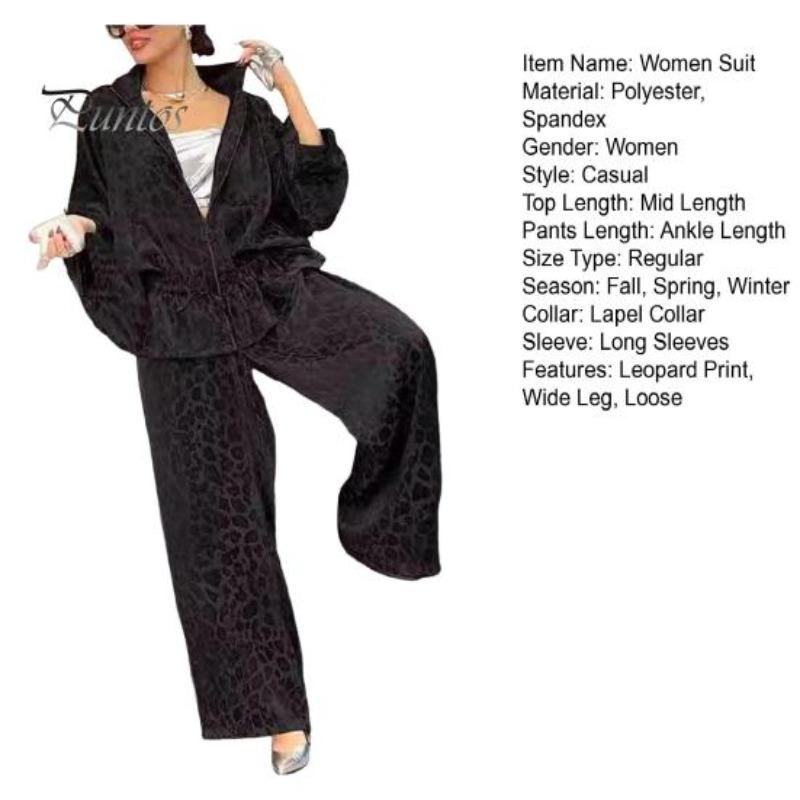 Pcs/Set Women Shirt Pants Set Leopard Printing Zip-up Long Sleeve Pleated Top Loose Wide Leg Trousers Commuting Workwear Ouit