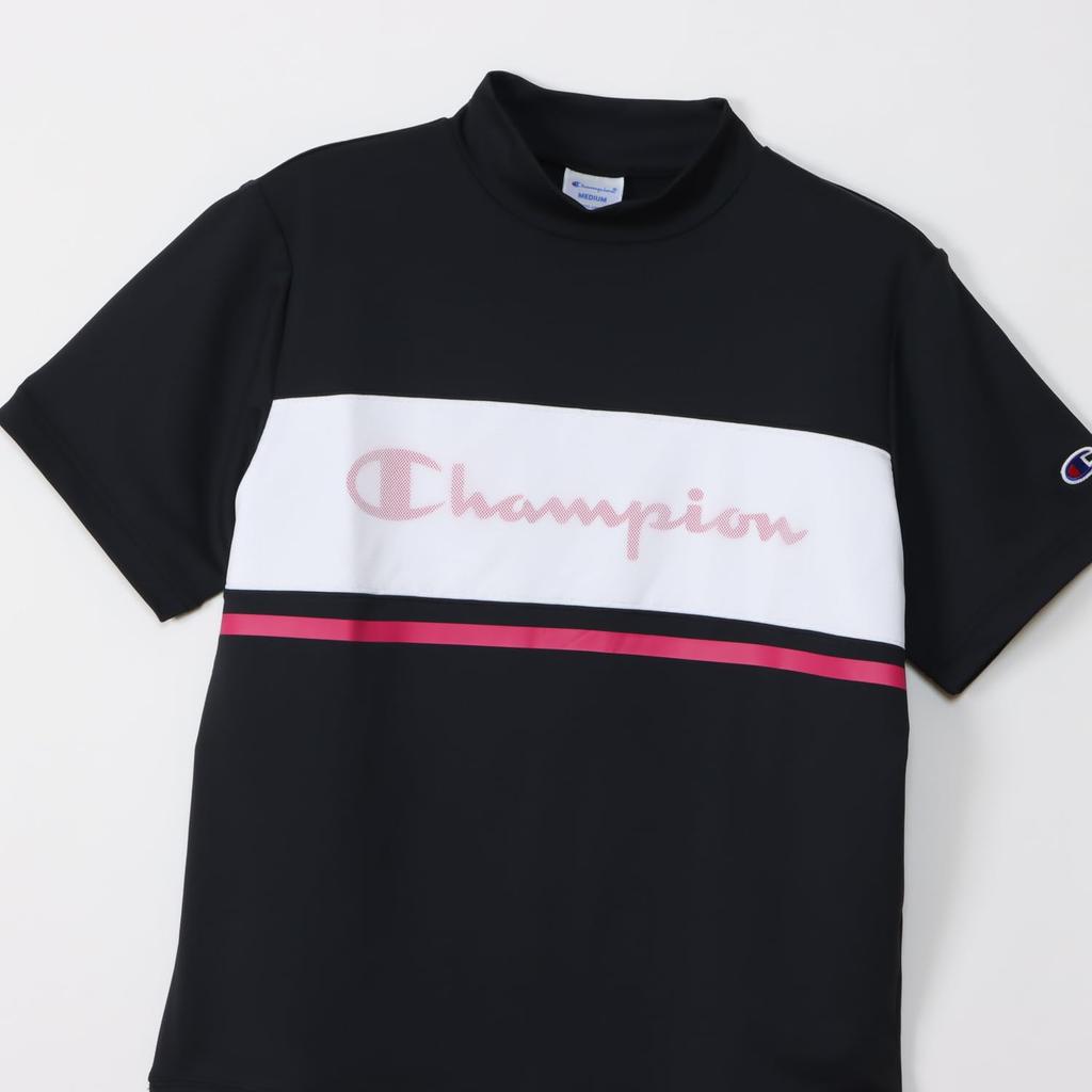 Champion Golf Short Odor UV Script Short Sleeve Mock Neck Shirt Women's T-Shirt, Black, CW-ZG304, Sleeve, Antibacterial, Resistant, Quick-Drying,