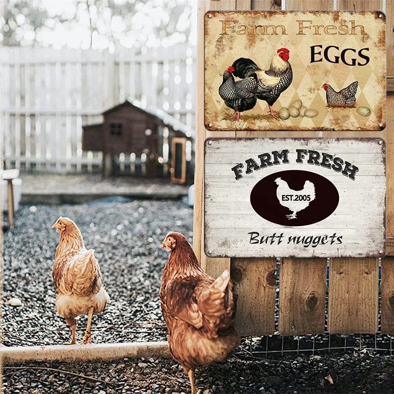 Metallskyltar Färska Ägg Fluffy Butt Hut Kyckling Retro Plåtskylt Vintage Rolig Utomhus Väggplakett Trädgård Gårdsskyltar Hönshus Dekor