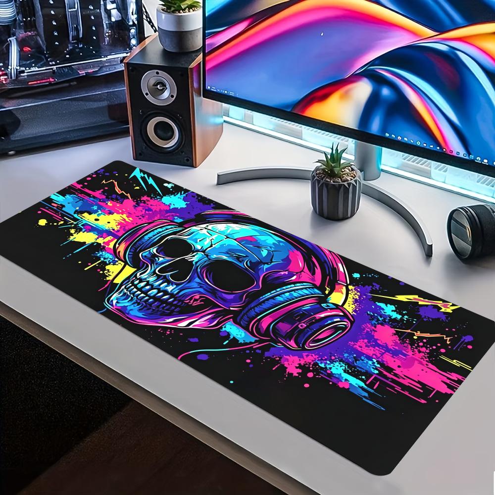 Neon Skull Headphone Extended Gaming Mouse Pad NonSlip Desk Surface Colorful Graffiti Punk Rock Art Print For Gaming Setup