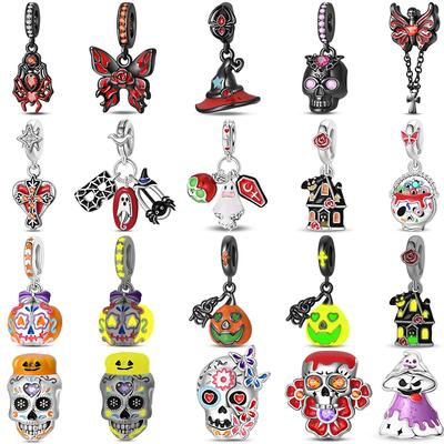 Halloween Bedels Kraal Koper Zwarte Magische Hoed Spin Lichtgevende Schedel Dangle Past Armband Ketting DIY Sieraden