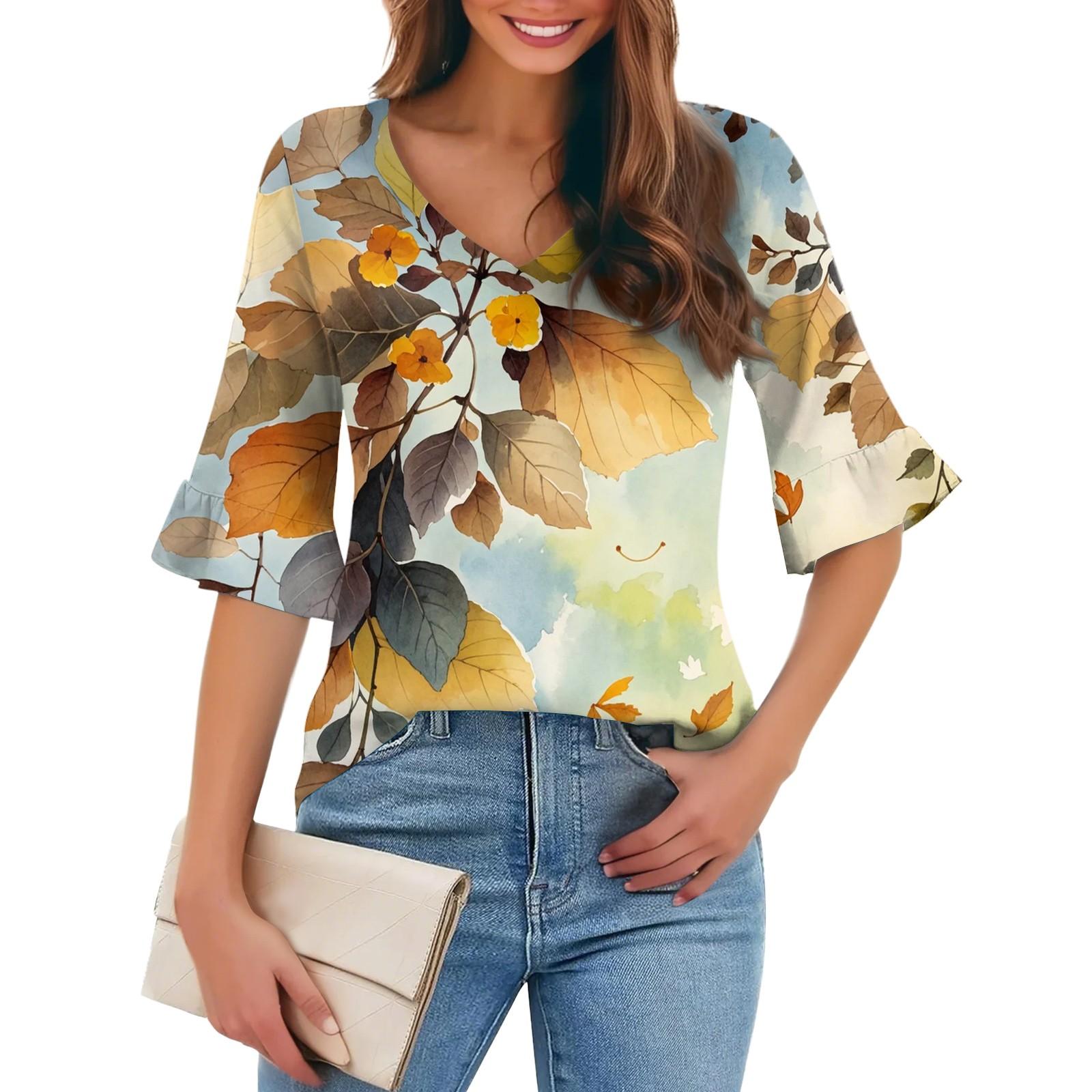 

Женская повседневная модная футболка с V-образным вырезом, свободная, для поездок на работу, с цветочным принтом и рукавами-пятью точками XXXL