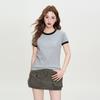 Baumwoll-Kurzarm-T-Shirt Damen Sommer Oberteil Schlankmachend Rechte Schulter Rundhals Slim Fit T-Shirt