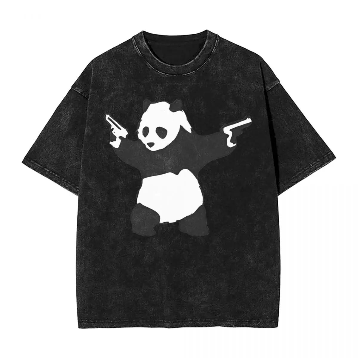 Panda Holding Guns Banksy Graffiti Washed T Shirt Streetwear Retro T-Shirt Tees Men Women Short Sleeve High Street Summer S разноцветный