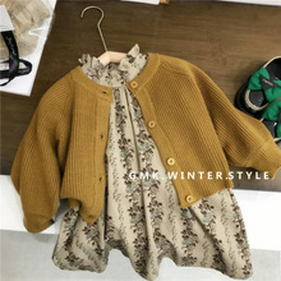 Kids' Korean Mohair Bubble Sleeve Knitted Cardigan & Floral Stand Collar Dress