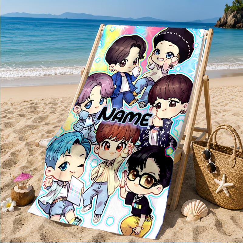 Custom Name K-pop BTS Artwork Characters Beach Towel Microfiber Beach Towel, Lightweight and Quick-Dry, for Summer Travel, Swimming Pool Gift