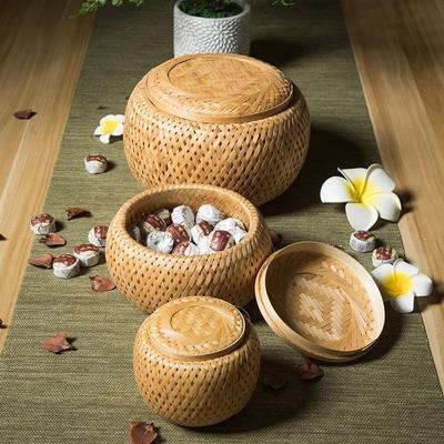 1Pc Bamboo Useful Bamboo Woven Double Layer Basket With Lid Storage Basket