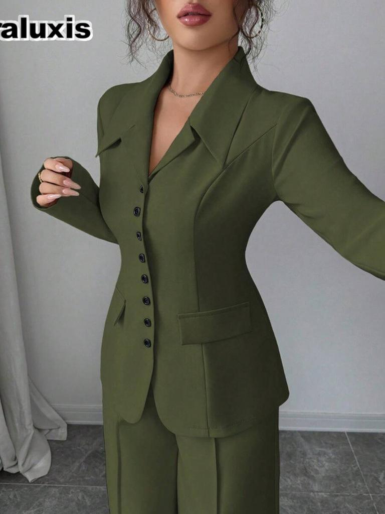 Autunno Elegante Collo Alto Manica Lunga Vestibilità Larga Gamba Dritta Pantaloni Set Due Pezzi Donna