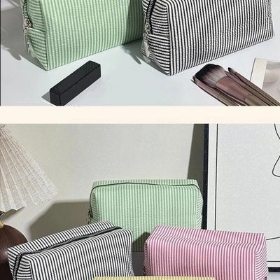 Simple Zipper Travel Cosmetics Bag Striped Large-Capacity Toiletry Bag Organizer Desk Pencil Box Cosmetics Storage