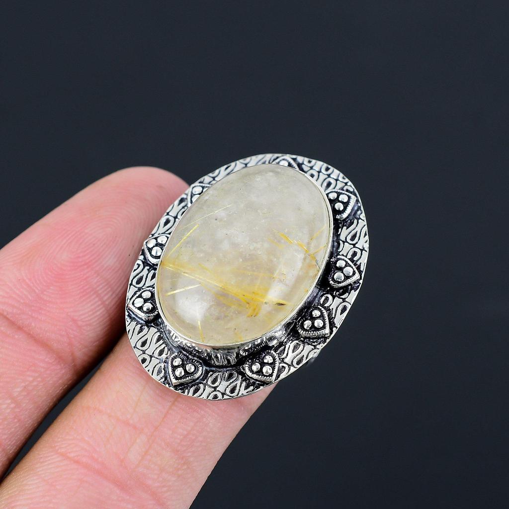 925 Silver Golden Rutile Stone Promise Birthday Statement Wedding Ring Jewelry