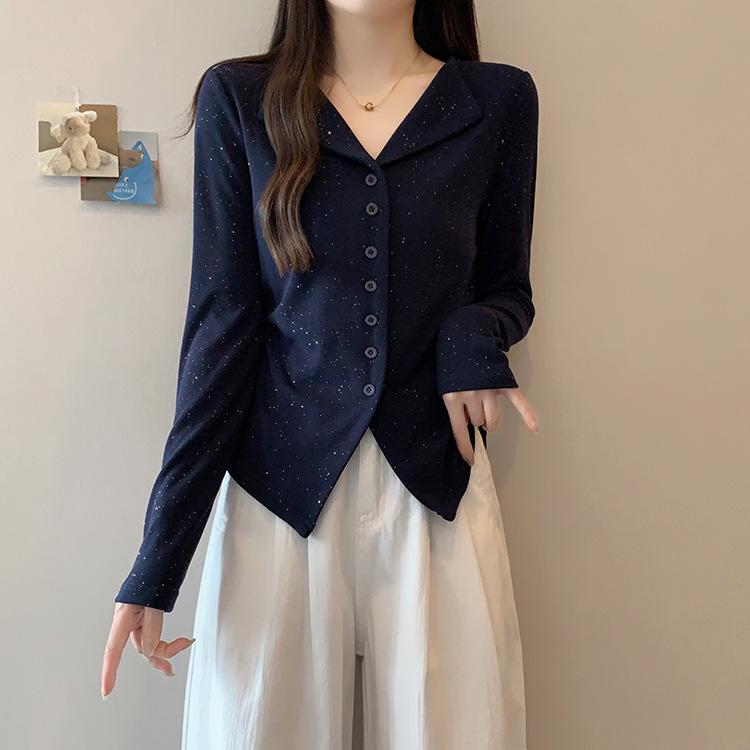 

Rhinestone Starry Sky Waist-Cinched Plus Size Slimming Long-Sleeve Top for Women 4XL королевский синий
