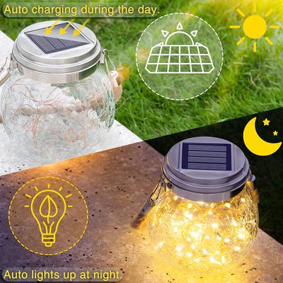 Solar Crackle Glass Jar Lights - Waterproof Warm White & Multi Color LED, Hanging Decor for Garden, Patio & Party