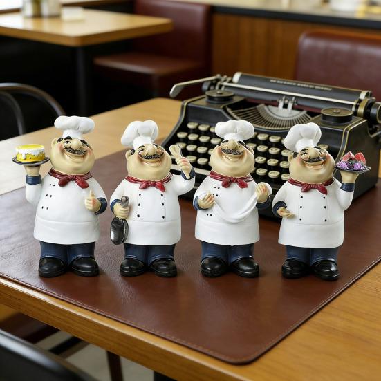 Yousheng Cartoon Chef Figurine Hand-Painted Holding Fruit Plate Cake Noodles Spoon Chef Statue Sculpture Home Kitchen Dining Room Decoration Ornament
