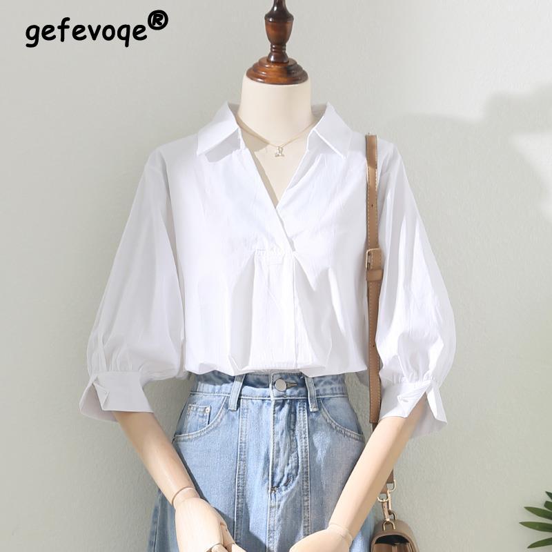 

Summer Women s Fashion White Simple Blouse Office Lady Business Casual Turn Down Collar Shirt Elegant 3/4 Sleeve Loose Tops S білий