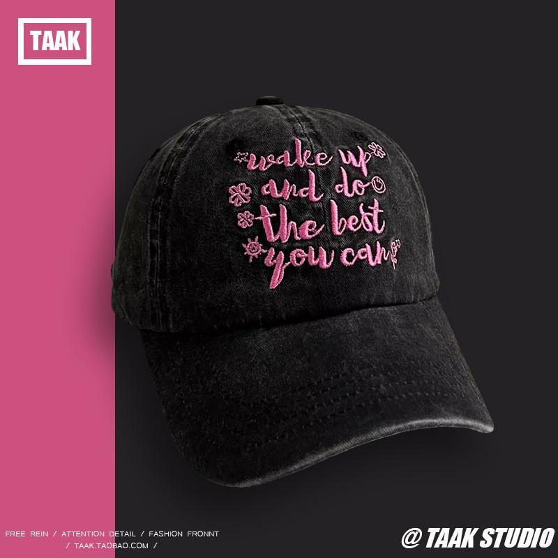 

Trendy Bright Ins Pink Baseball Cap With Vintage Wash And Letter Embroidery For Genders All чорний